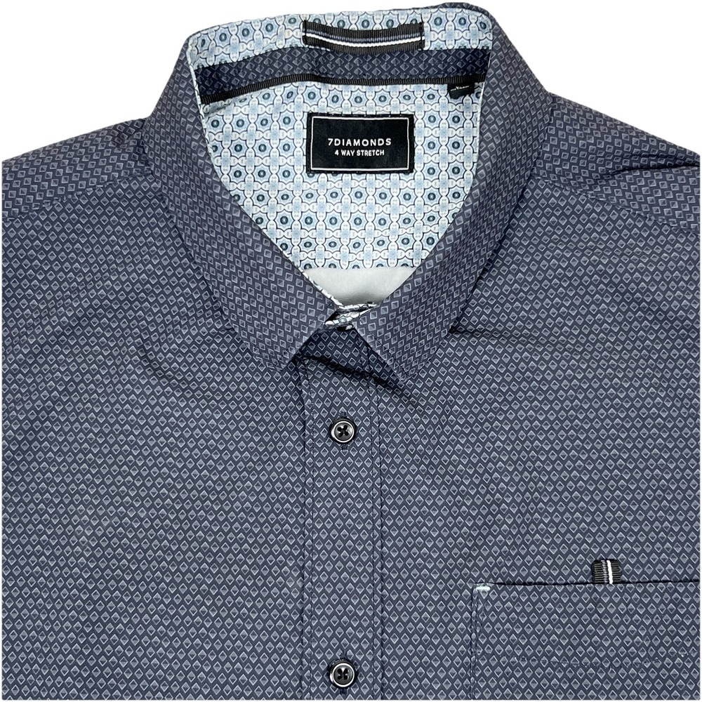 7 Diamonds Button Up Shirt Mens XL Blue 4 Way Stretch Geometric Short Sleeve